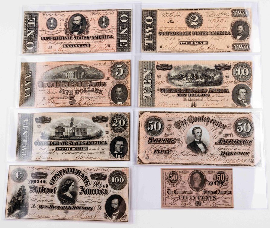 Confederate States of America currency lot (8) Assorted denominations