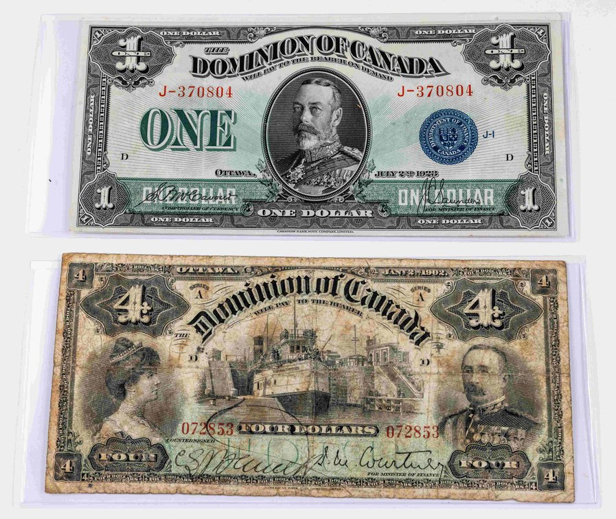 Canada currency lot (2) 1902 $4 and 1923 $1 notes