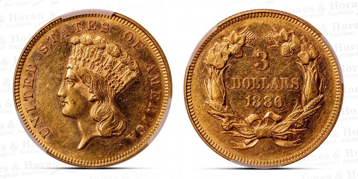 US $3 Indian Princess Gold, 1886, CACG AU details