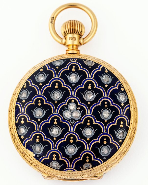 Waltham, pendant watch, 8S, heavy 18K HC w/enamel & diamonds