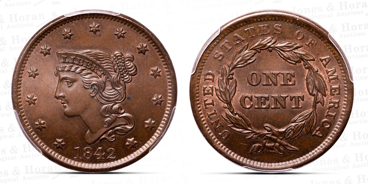 US Braided Hair Large Cent, 1842, PCGS MS64 BN w/CAC