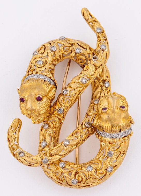 Diamond, ruby & 18K yellow gold double lion pin
