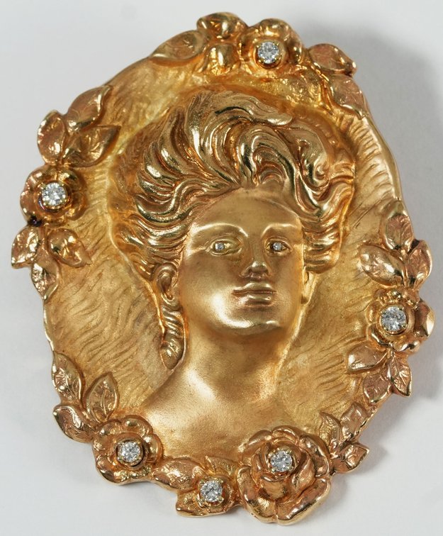 Diamond & 14K yellow gold carved gold cameo pin/pendant