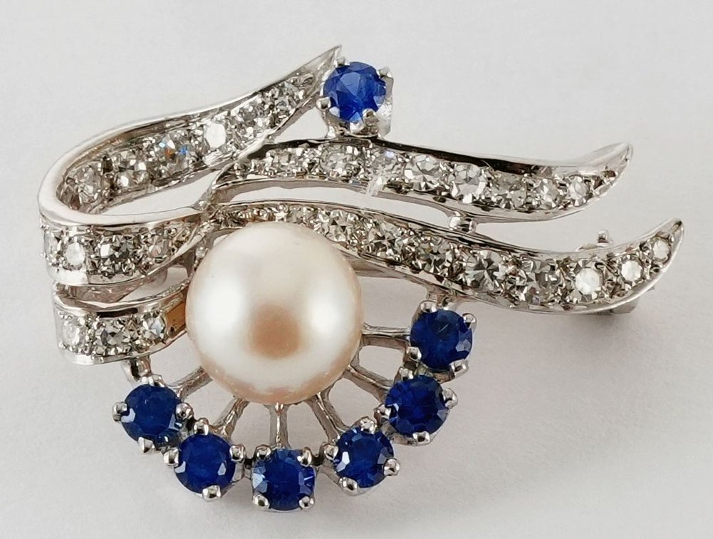 Pearl, diamond & sapphire pin in 14K white gold
