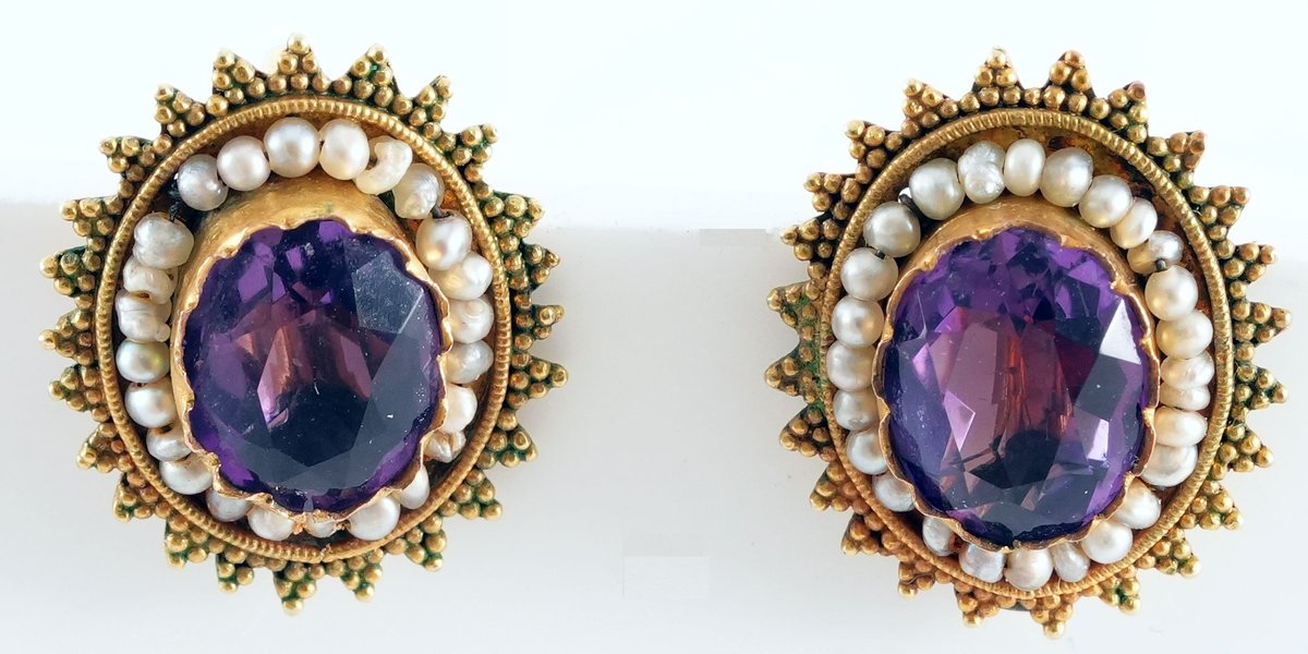 Amethyst, pearl & 10K gold Etruscan style tension back earrings
