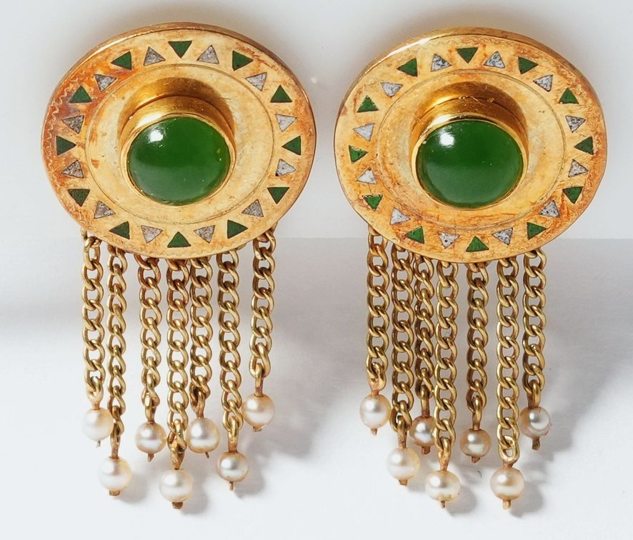 Jade, enamel and 10K yellow gold tension back earrings