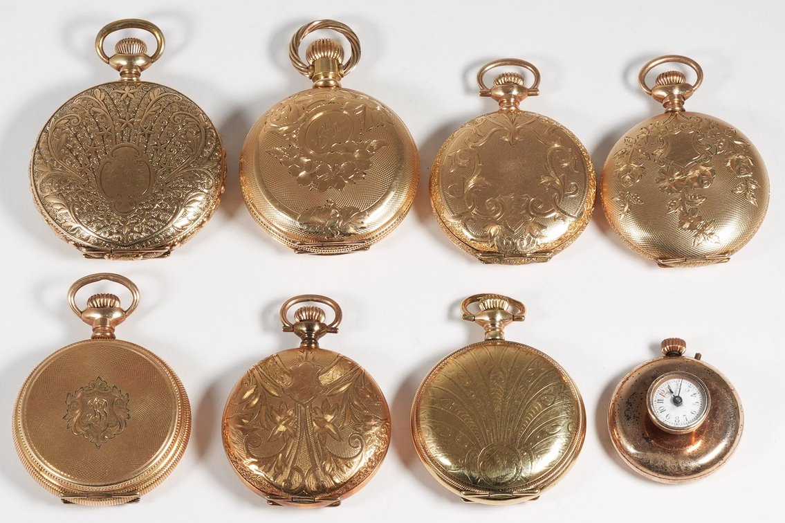 Lot (8) Includes seven gold-filled HC pendant watches, four run
