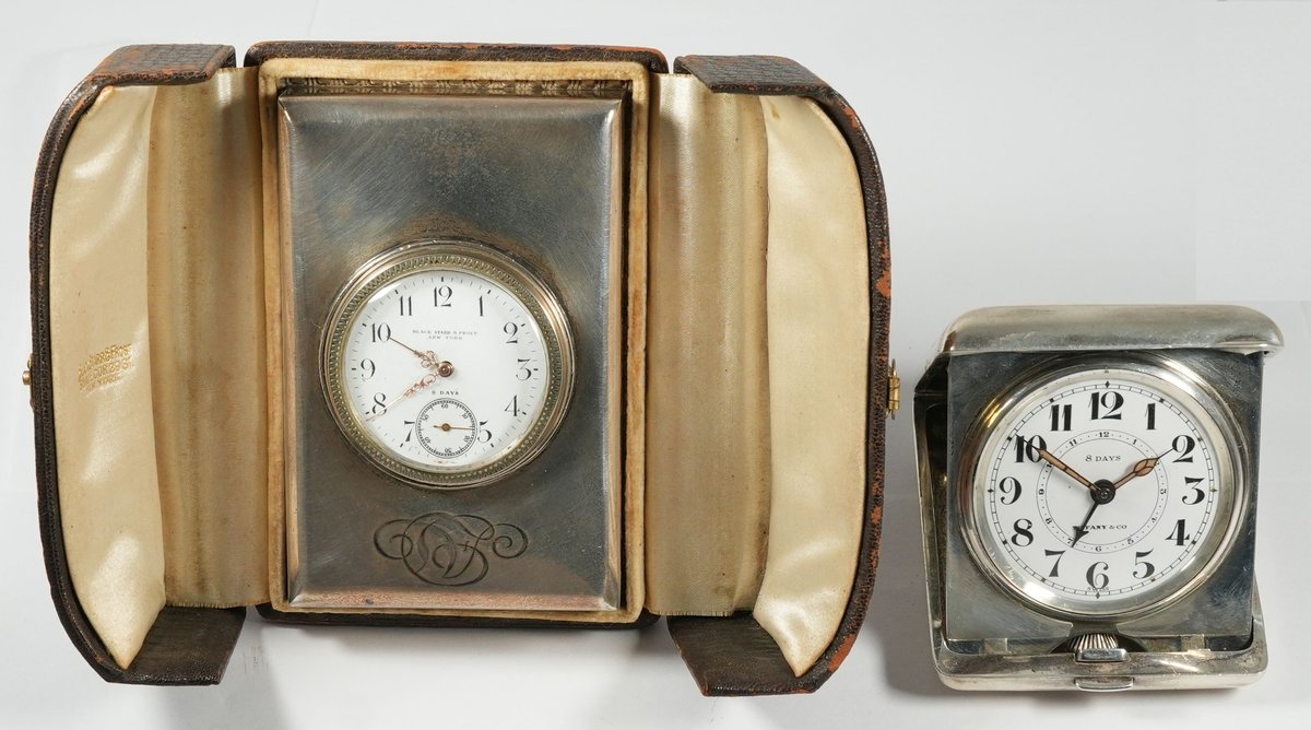 Clock lot (2) Small desk or travel clocks, sterling silver, both NR