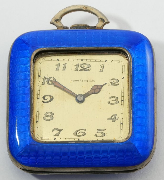 Juvenia, purse or travel watch, silver w/guilloche enamel