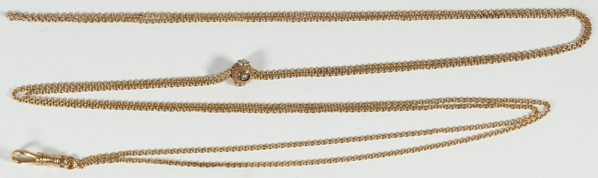 Ladies 14K yellow gold pendant watch chain, chain measures 48 inches in overall length, a lovely cha