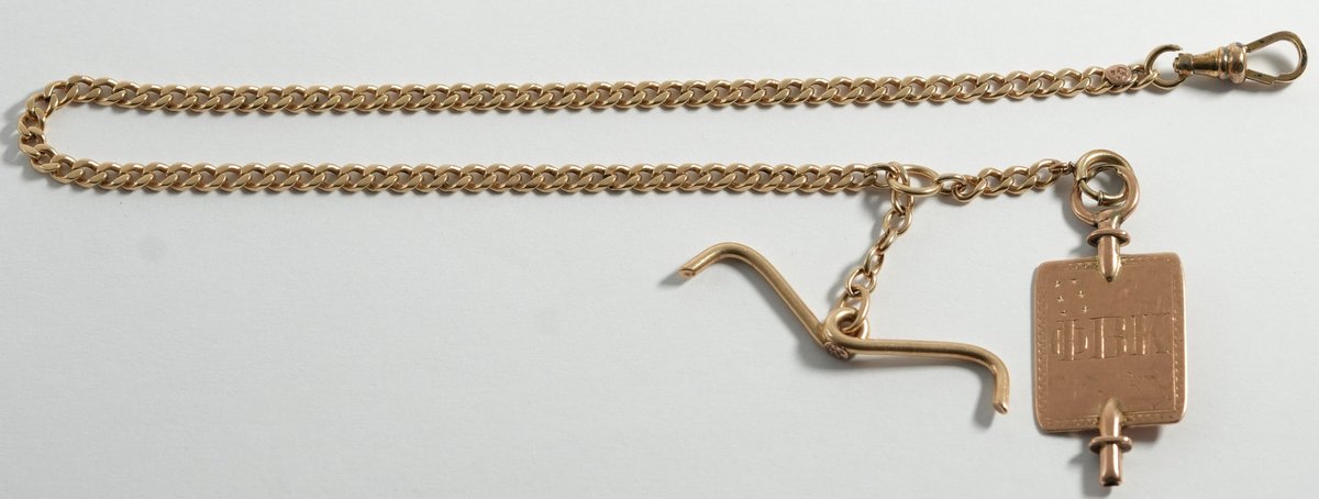 14K yellow gold watch chain with Fraternity fob