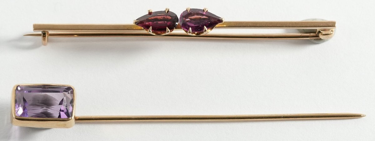 Jewelry lot (2) Antique 10K pins set with amethysts
