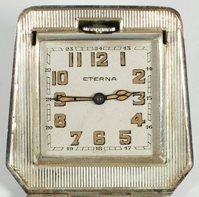 Eterna art deco travel or purse watch, manual wind in sterling silver