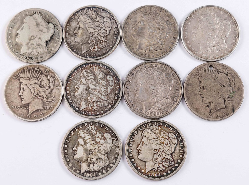 US Coin lot (10) Morgan & Peace Dollars
