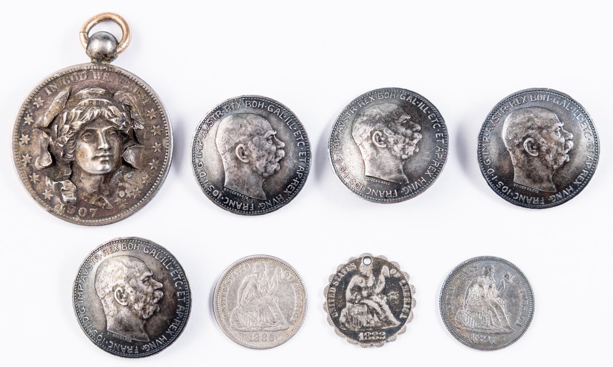 Coin Jewelry lot (8) pendant, buttons & love tokens