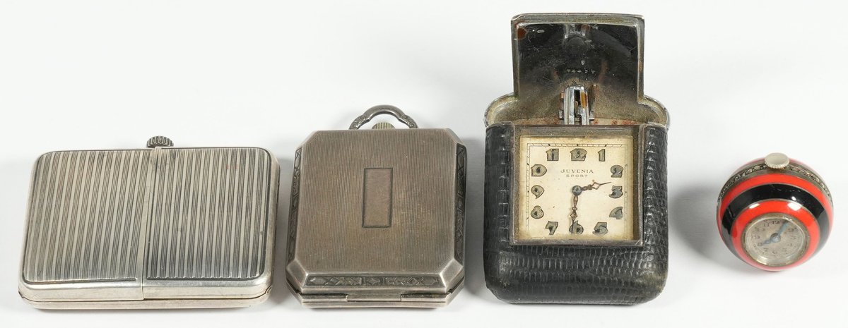 PW lot (4) Three travel purse watches & one ball form, silver cases, two run