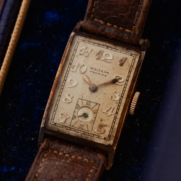 Waltham Premier, manual wind in 14K w/box & original strap