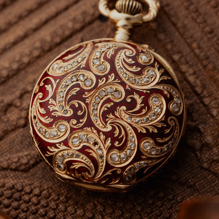 Swiss, miniature pendant watch, 18K w/enamel & diamond