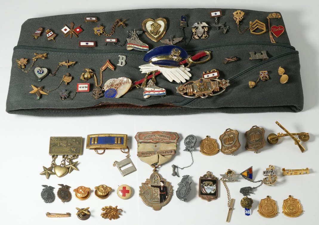 Military medal assortment as pictured including rank pins, lapel pins and so much more