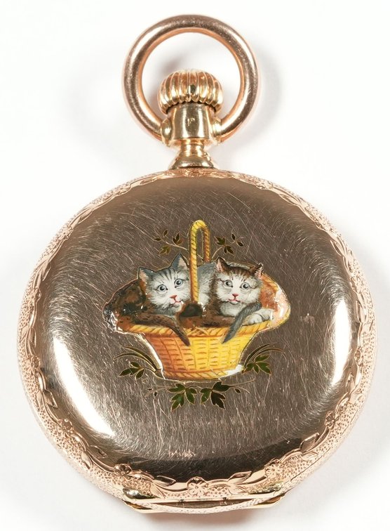 E Robert, pendant watch, 14K HC w/enamel detail, fancy dial