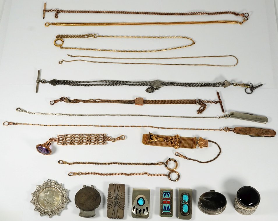 Group lot as pictured consisting of silver items, watch chains and more