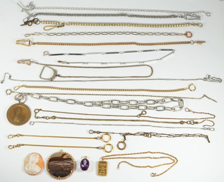 Group lot as pictured consisting of chains, jewelry and more, various materials including 14K