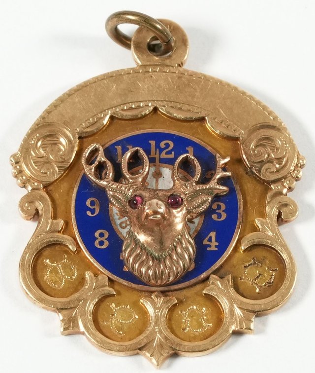 Blue and white enameled 14K gold elk's fob