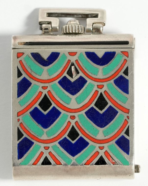 Swiss, purse or travel watch, sterling silver w/Art Deco enamel design