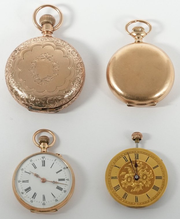 Lot (4) Three gold ladies' pendant watches and one mvt only, all NR