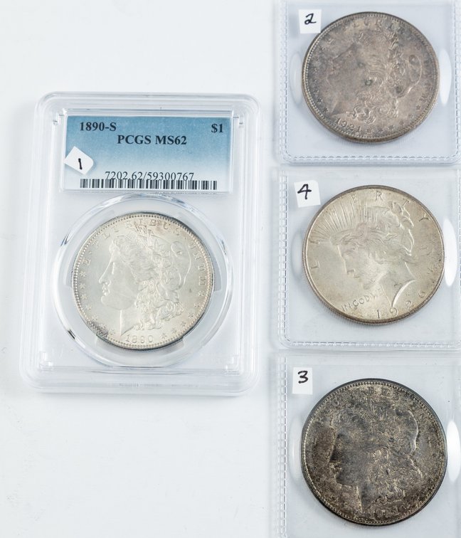 US Morgan and Peace Silver Dollar lot (4) Includes 1890-S PCGS MS62