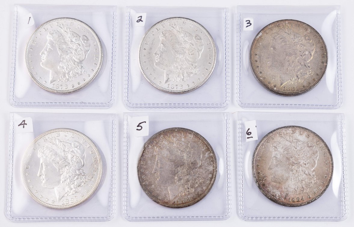 US coin lot (6) Morgan Dollars, assorted dates & mints
