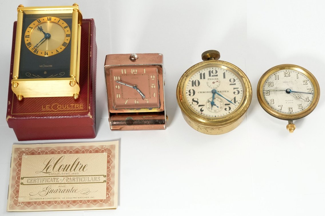 Clock lot (4) Swiss, assorted small clocks, two run
