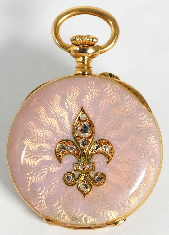 Swiss, miniature pendant watch, 24mm, 18K w/enamel & diamonds