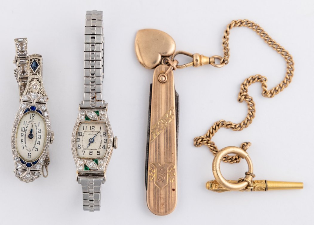 LWW & accessories lot (3) watches and pocket knife with chain in in platinum, white & yellow gold