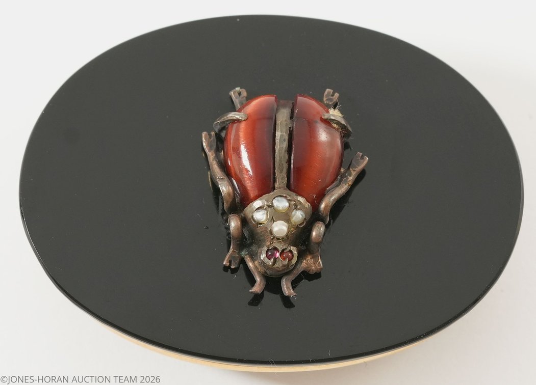 Beetle pin on onyx base in 14K gold