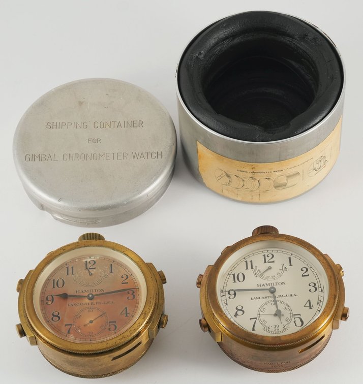 Lot (2) Hamilton, Model 22 lever marine chronometers, both run