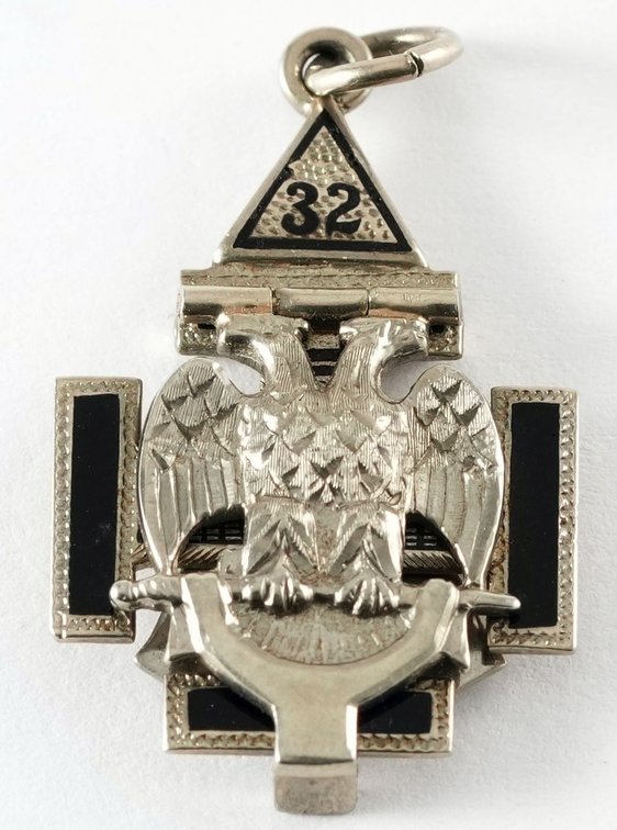 14K white gold 32nd degree Scottish Rite Masonic hinged watch fob