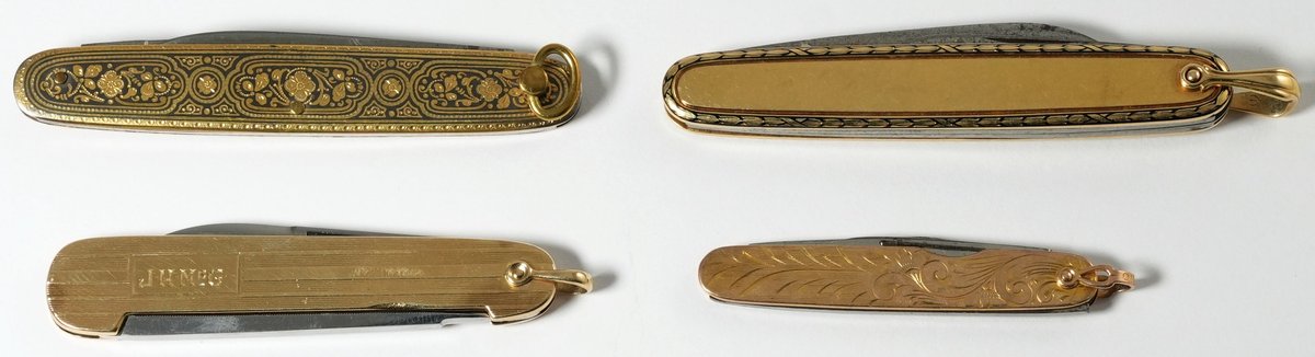 Lot (4) watch fob pocket knives, three gold