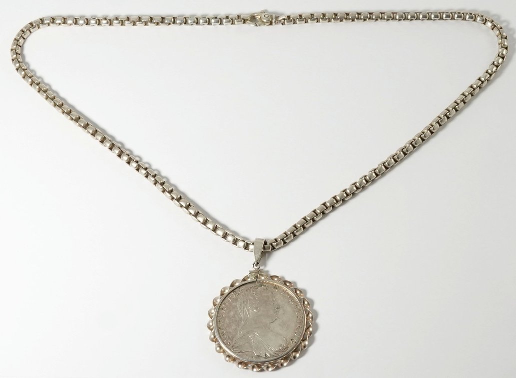 Maria Theresa Thaler mounted coin necklace, sterling