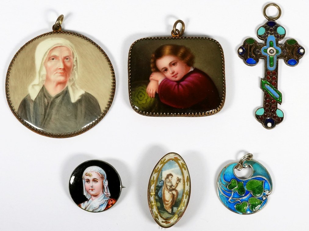 Enamel lot (6) Assorted items including enameled jewelry as well as portrait miniatures
