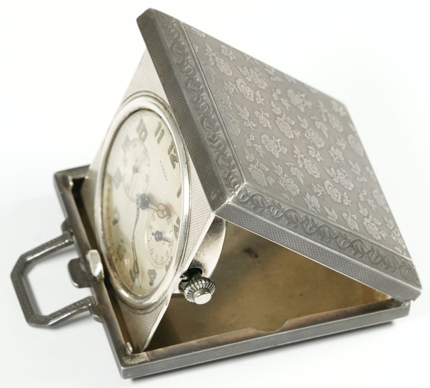 Eszeha, travel clock w/alarm, silver w/attractive detail