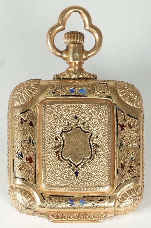 Swiss, pendant watch, unusual 14K box hinge square HC