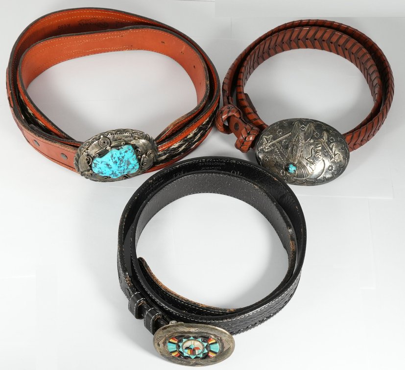 Accessories Lot (3) Western and Native American belts size 40-42, with buckles in sterling silver