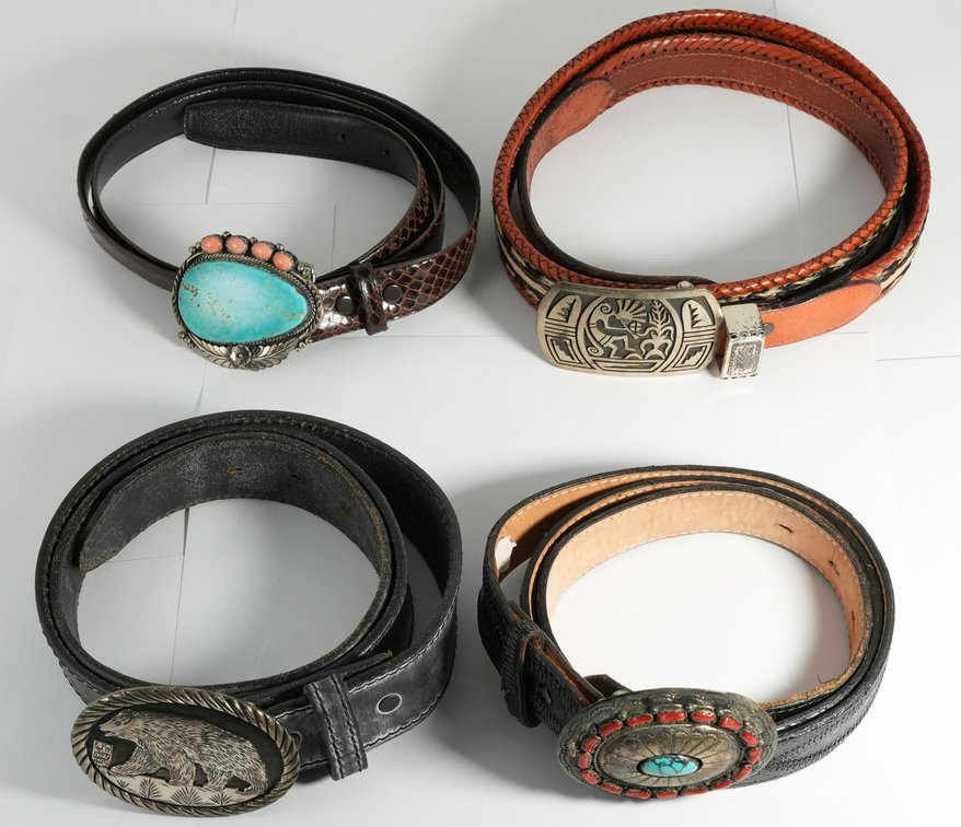 Accessories Lot (4) Western and Native American belts size 38-42, with buckles in sterling silver