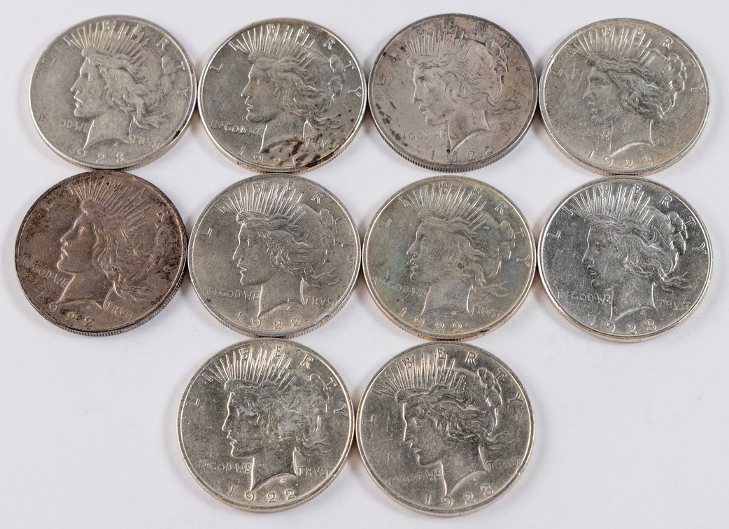 US Coin Lot (10) Peace Silver Dollars, details grade