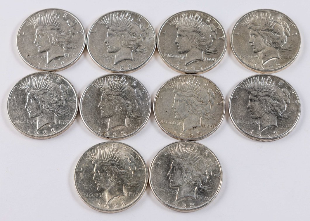 US Coin Lot (10) Peace Silver Dollars, details grade