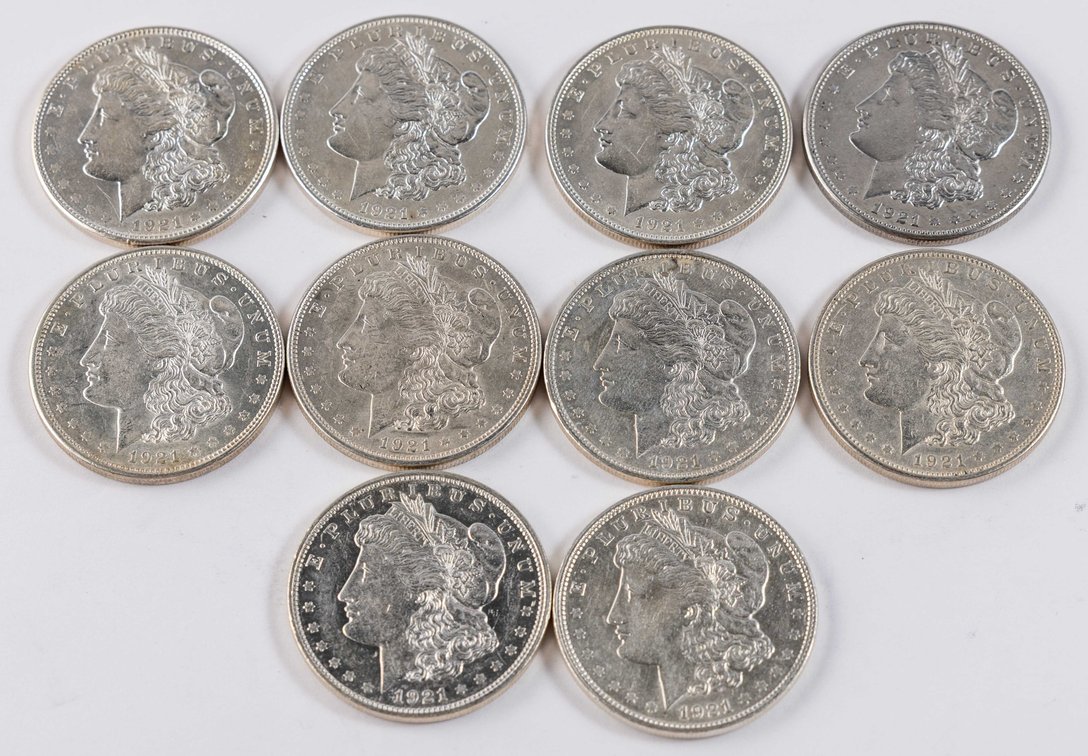 US Coin Lot (10) Morgan Silver Dollars, 1921-D, details grade