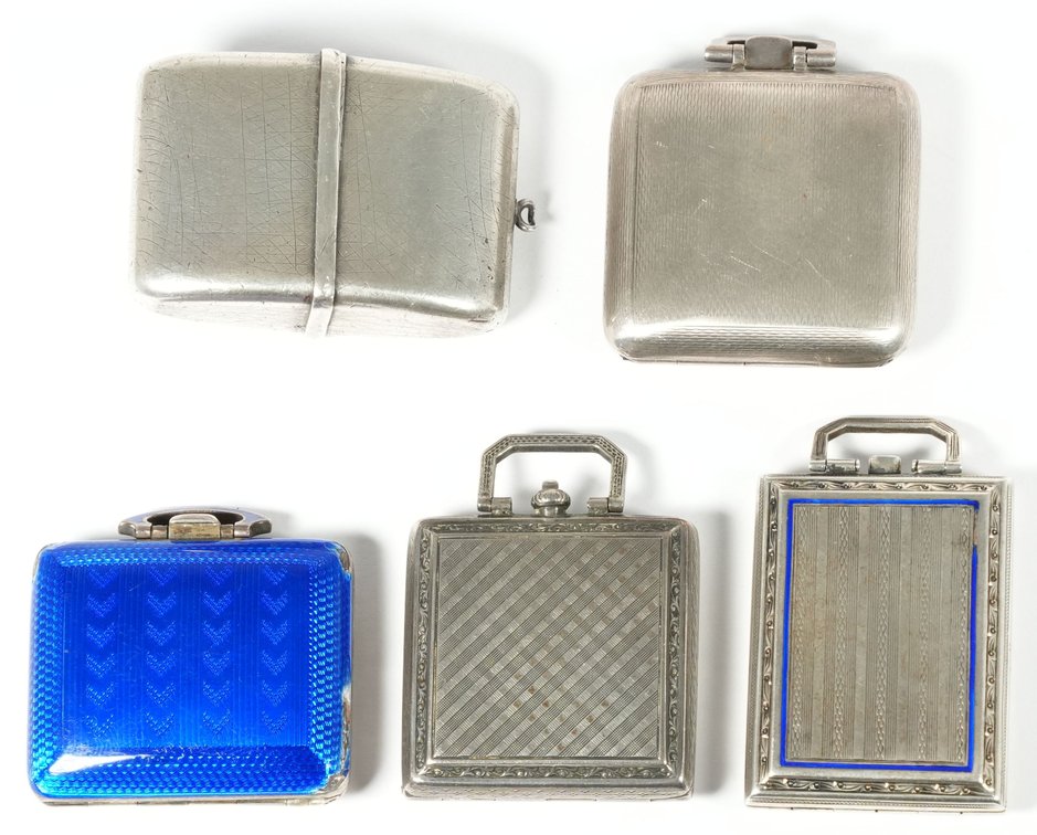PW lot (5) European, folding travel or purse watches, silver, four run