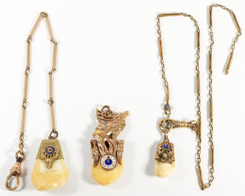 Lot (3) 10K gold Elk's Lodge fobs w/elk tooth