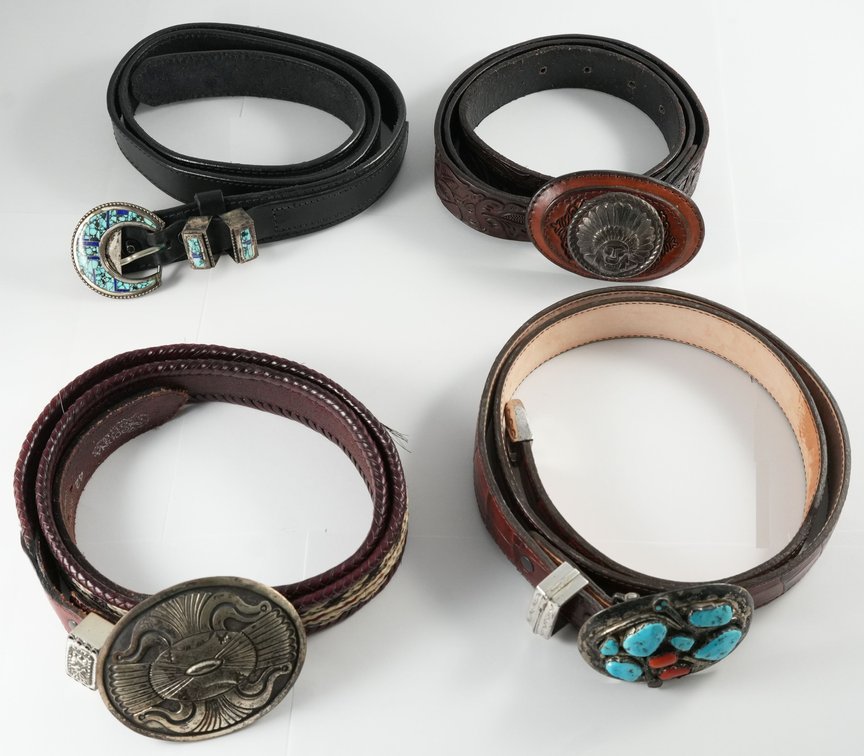 Accessories Lot (4) Western and Native American belts size 38-42, with buckles in sterling silver